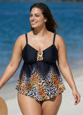 Fashionable Leopard Print V Neck Ruched Front Tankini Top