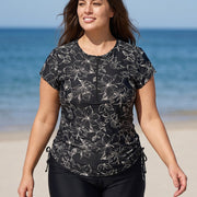 Black Floral Upf50+ Short Sleeves Zipper Drawstring Curvy Swimsuit Rash Guards Tankini Top