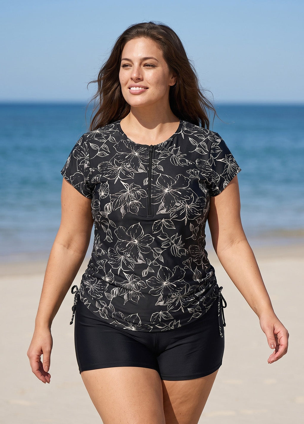 Black Floral Upf50+ Short Sleeves Zipper Drawstring Curvy Swimsuit Rash Guards Tankini Top