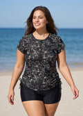 Black Floral Upf50+ Short Sleeves Zipper Drawstring Curvy Swimsuit Rash Guards Tankini Top