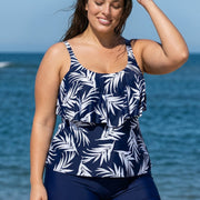 Navy Blue Leaf Print Layered Style Tankini Top