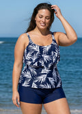 Navy Blue Leaf Print Layered Style Tankini Top