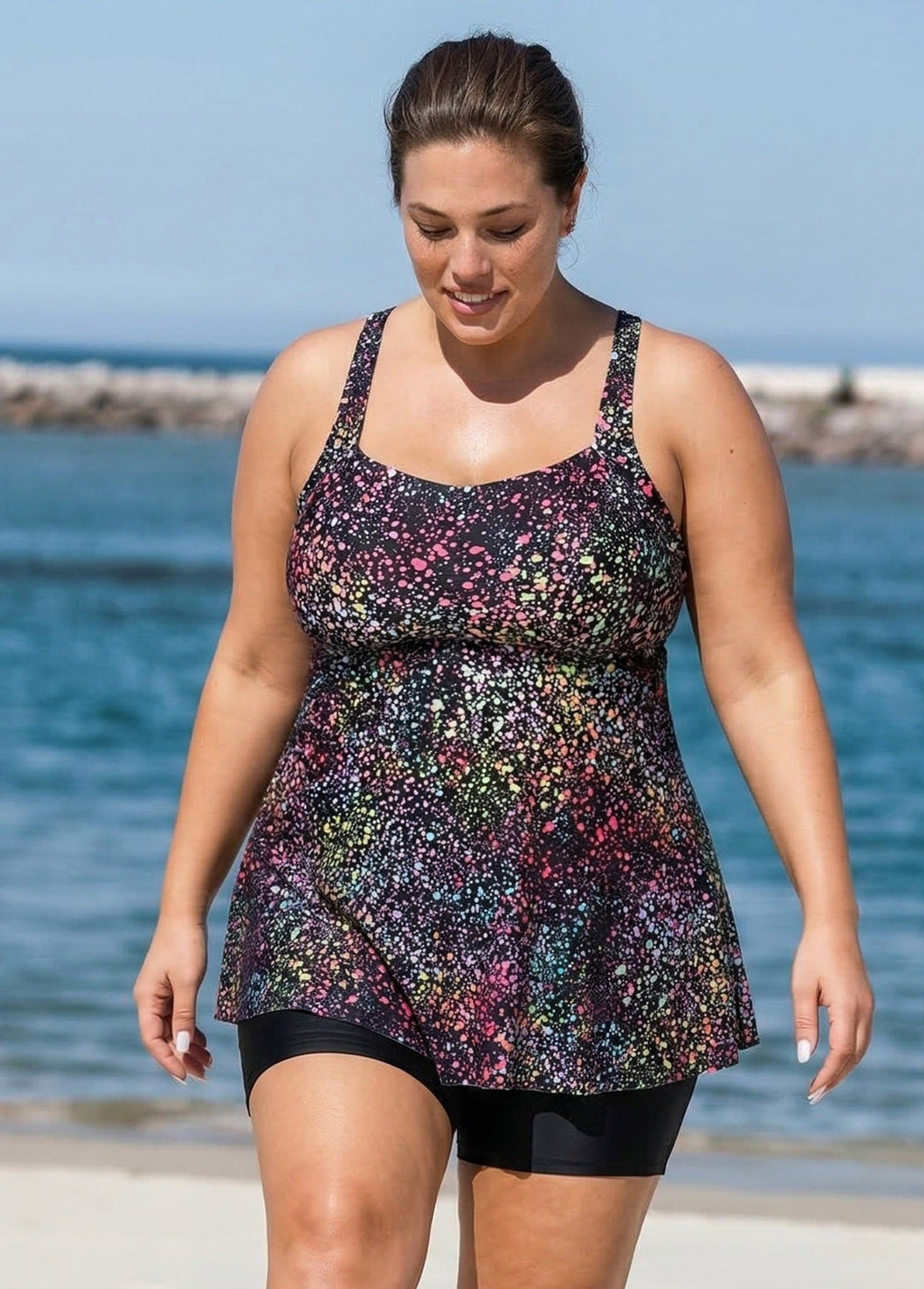 Fashionable Colorful Dot Square Neck Flowy Women Tankini Top