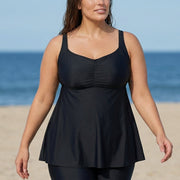 Fashionable Black Square Neck Flowy Plus Size Modest Women's Tankini Swimsuit Top