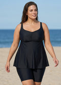 Fashionable Black Square Neck Flowy Plus Size Modest Women's Tankini Swimsuit Top
