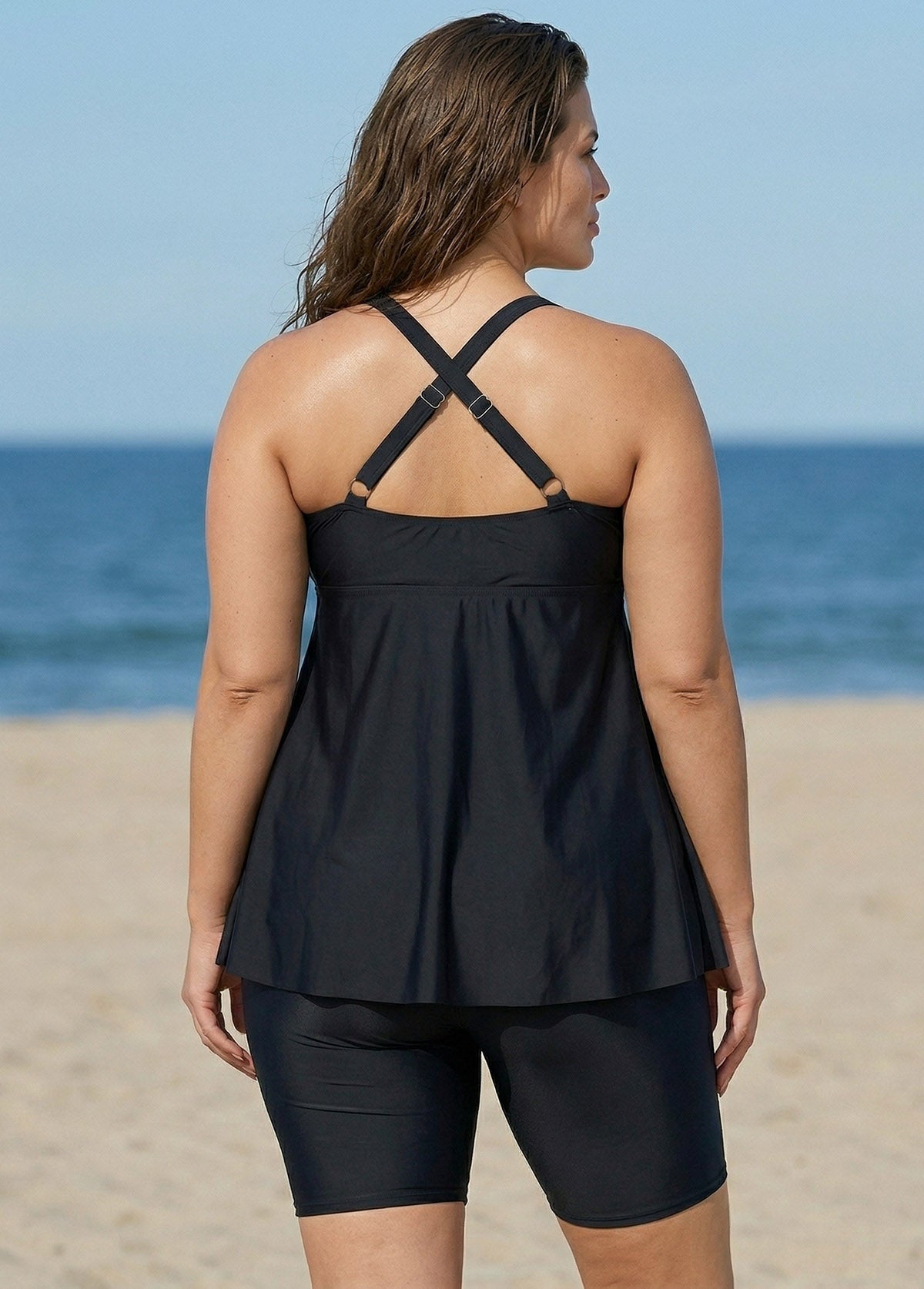 Fashionable Black Square Neck Flowy Plus Size Modest Women's Tankini Swimsuit Top