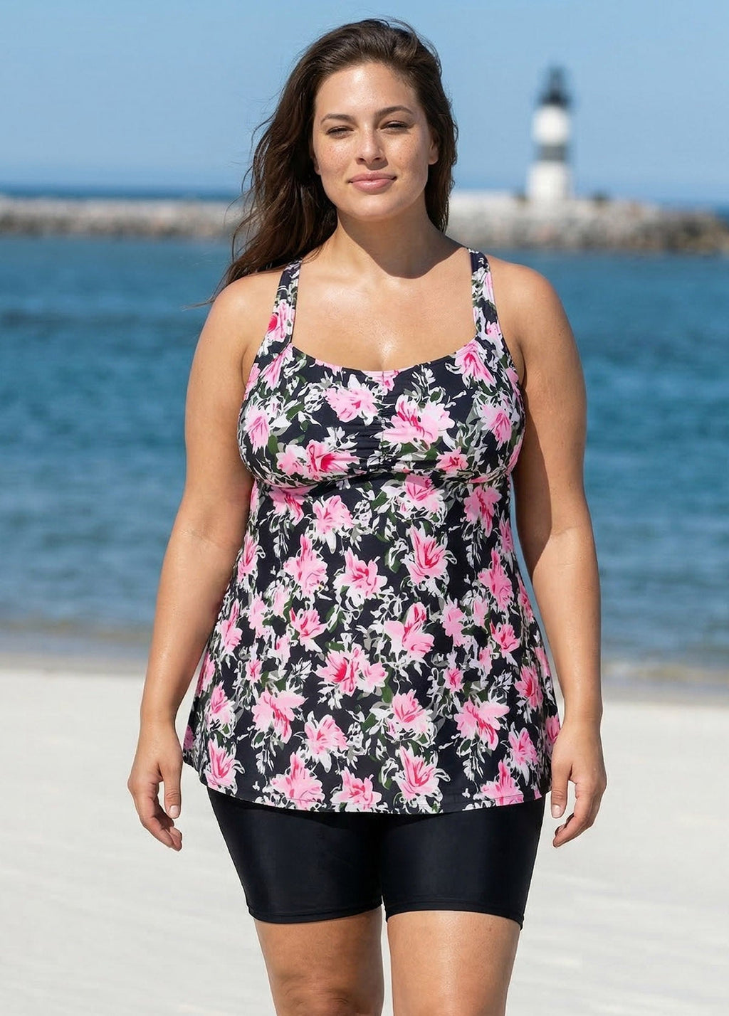 Black Floral Print Square Neck Flowy Modest Plus Size Tankini Swimsuit Top