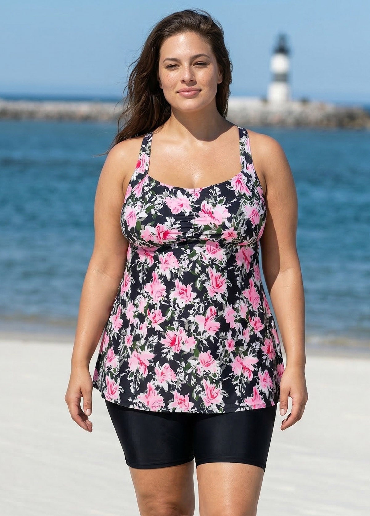 Black Floral Print Square Neck Flowy Modest Plus Size Tankini Swimsuit Top