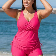 Drawstring Stylish Pink Twisted Front Women Tankini Set