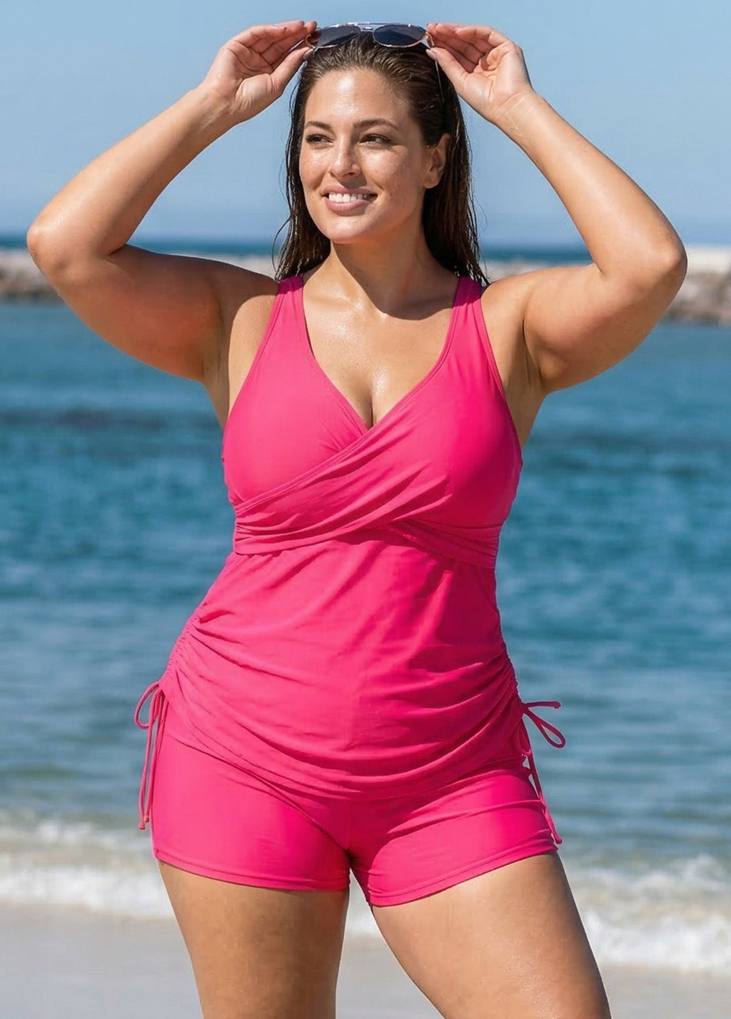 Drawstring Stylish Pink Twisted Front Women Tankini Set