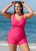 Drawstring Stylish Pink Twisted Front Women Tankini Set