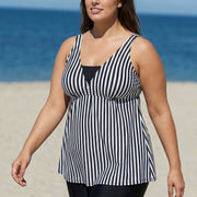 Black And White Striped Print Bow Tie Front Tankini Top