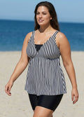 Black And White Striped Print Bow Tie Front Tankini Top