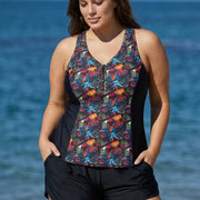 Plus Size Black Leaf Print Zipper Swimsuit And Swimwear Tankini Top
