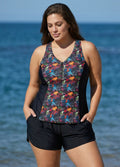 Plus Size Black Leaf Print Zipper Swimsuit And Swimwear Tankini Top