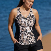 White Floral Zipper Curvy Swimwear Bathing Suits Tankini Top