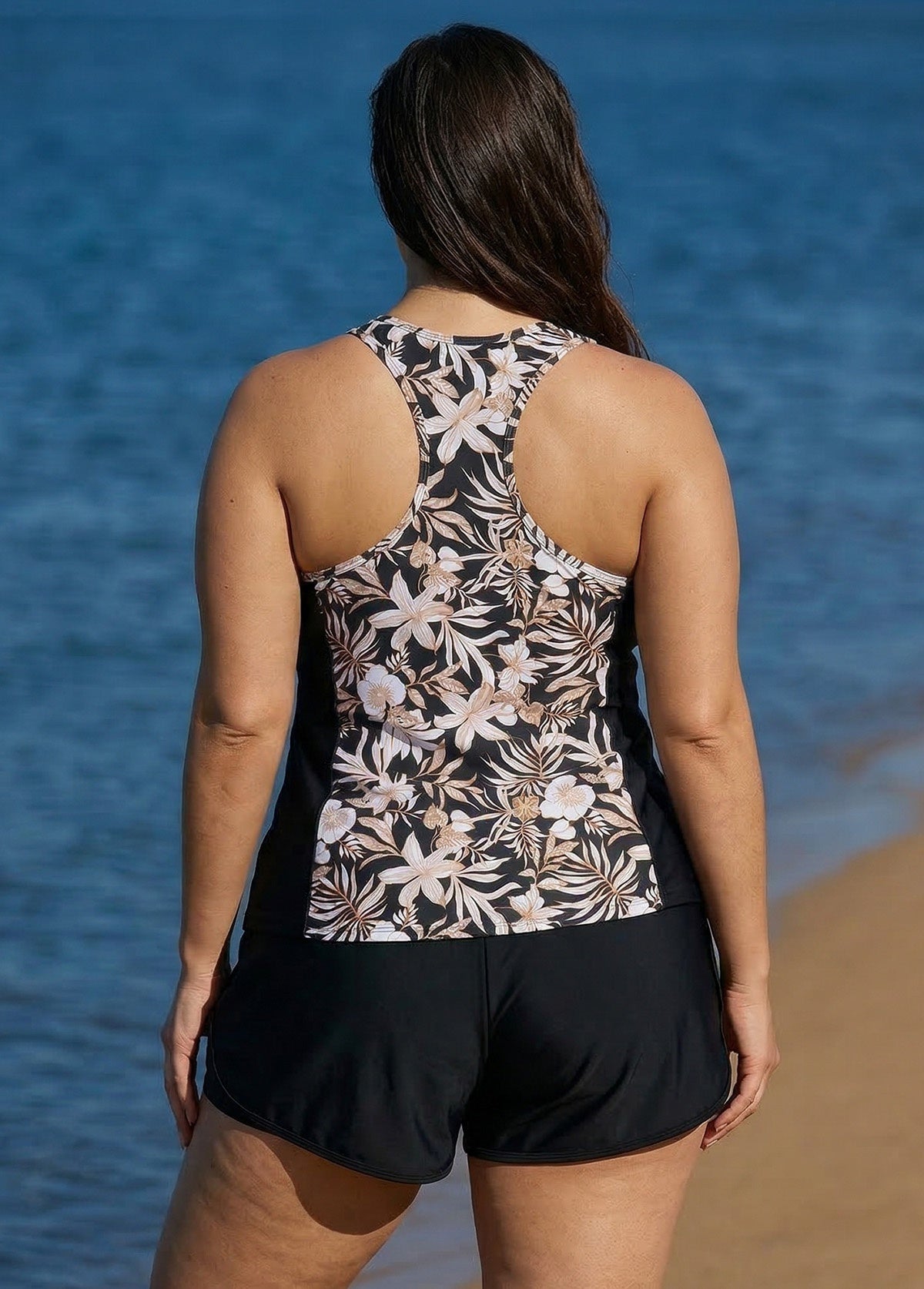 White Floral Zipper Curvy Swimwear Bathing Suits Tankini Top