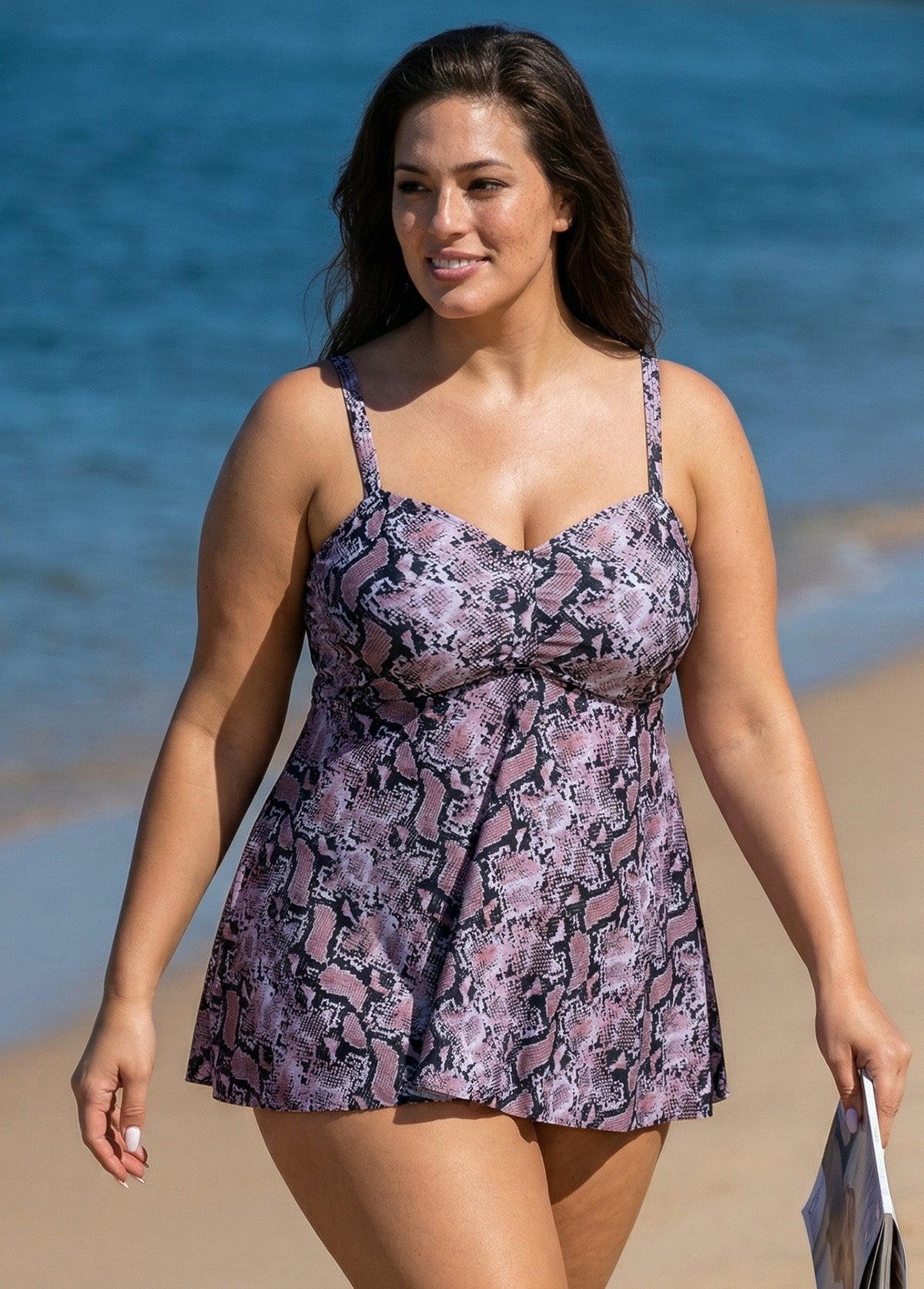 Plus Size Snake Skin Print Tankini Swimsuit Top with Sweetheart Neckline