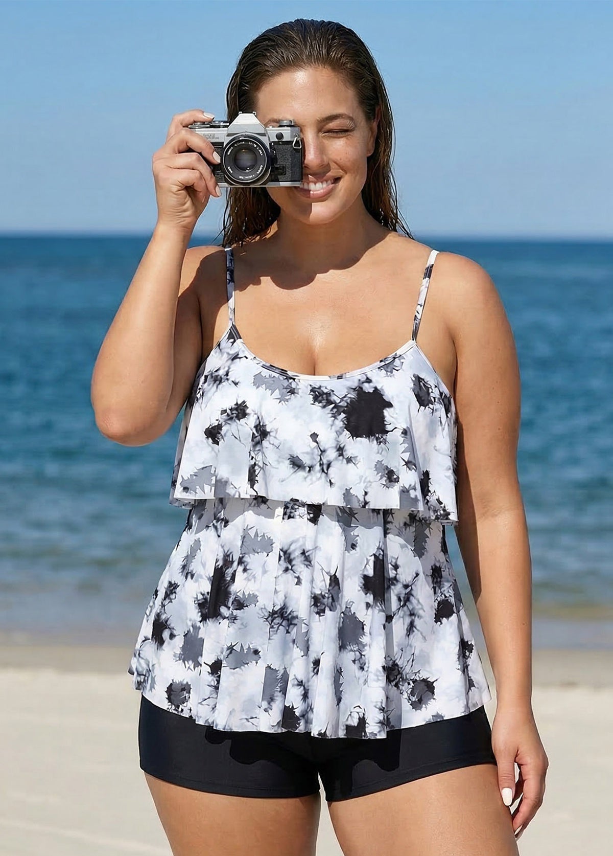 Plus Size Tie Dye Ruffle Hem Tankini Top