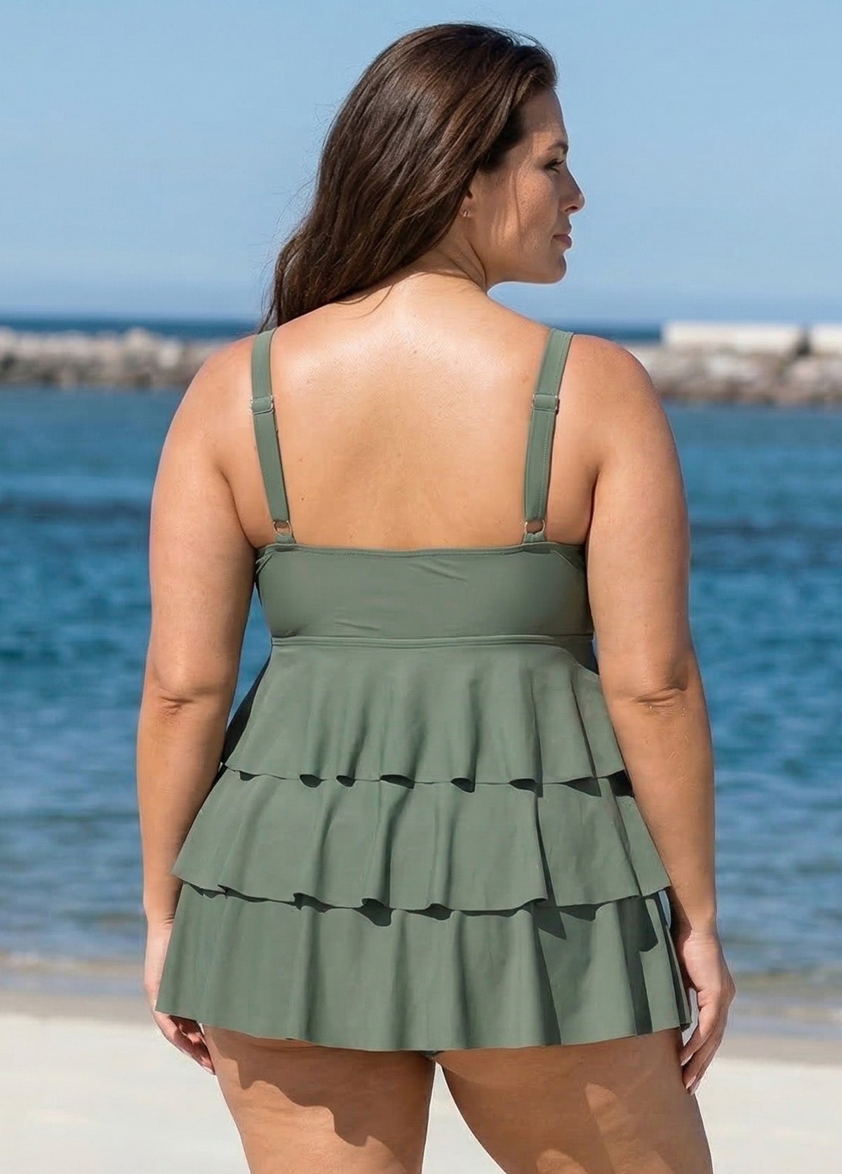 Green Knotted Front Ruffle Tiered Elegant Tankini Top