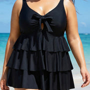 Black Knotted Front Ruffle Tiered Elegant Tankini Top