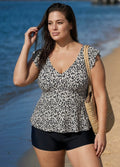 Leopard Print V Neck Ruffle Sleeve Plus Size Women Tankini Top