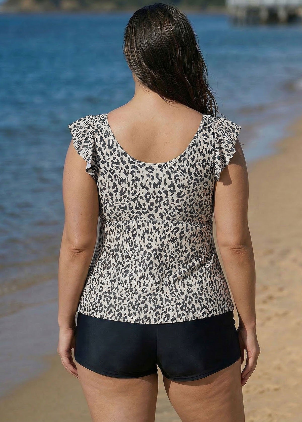 Leopard Print V Neck Ruffle Sleeve Plus Size Women Tankini Top