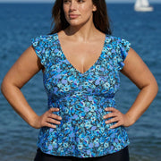 Blue Floral Print V Neck Ruffle Sleeve Plus Size Tankini Top