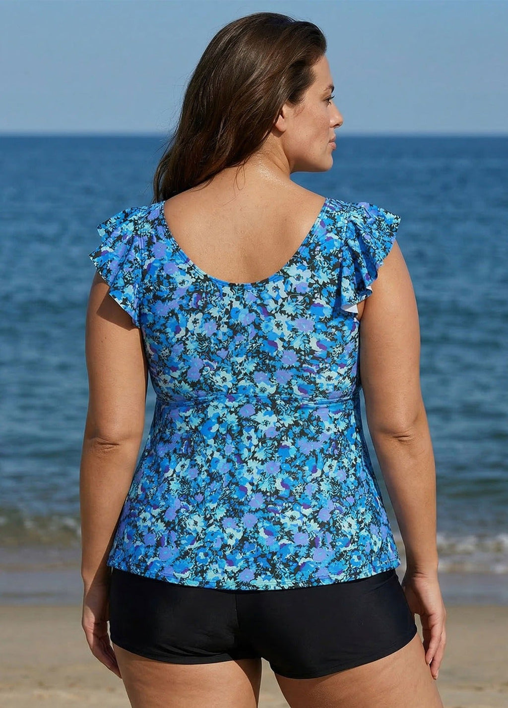 Blue Floral Print V Neck Ruffle Sleeve Plus Size Tankini Top