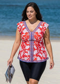 Red Floral V Neck Cap Sleeves Vintage Padded Ruffle Curvy Women's Swimsuit Tankini Top