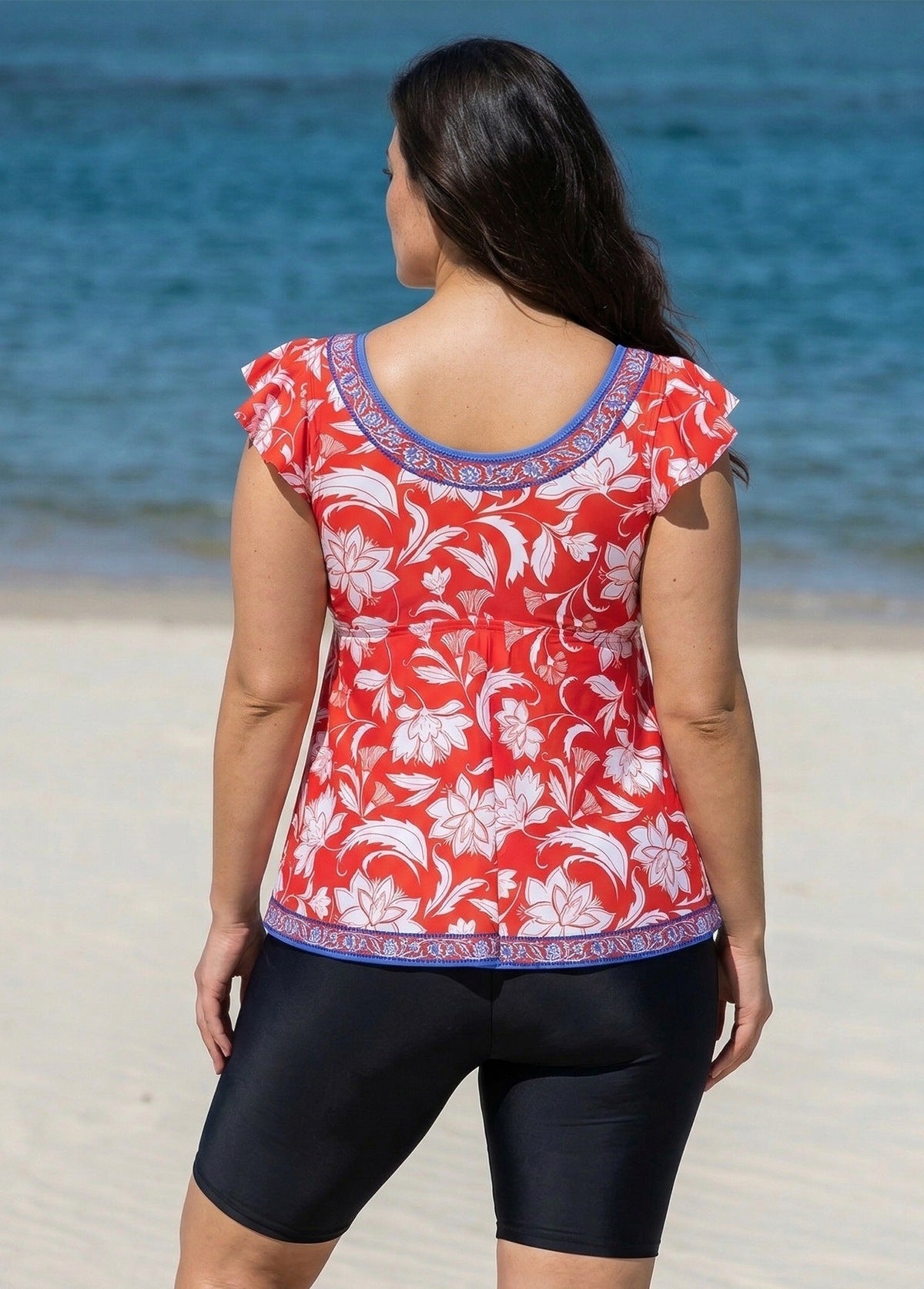 Red Floral V Neck Cap Sleeves Vintage Padded Ruffle Curvy Women's Swimsuit Tankini Top