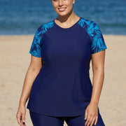 Blue Plants Pullover Short Sleeve Modest Plus Size Fashion Casual Tankini Set