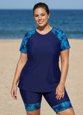Blue Plants Pullover Short Sleeve Modest Plus Size Fashion Casual Tankini Set