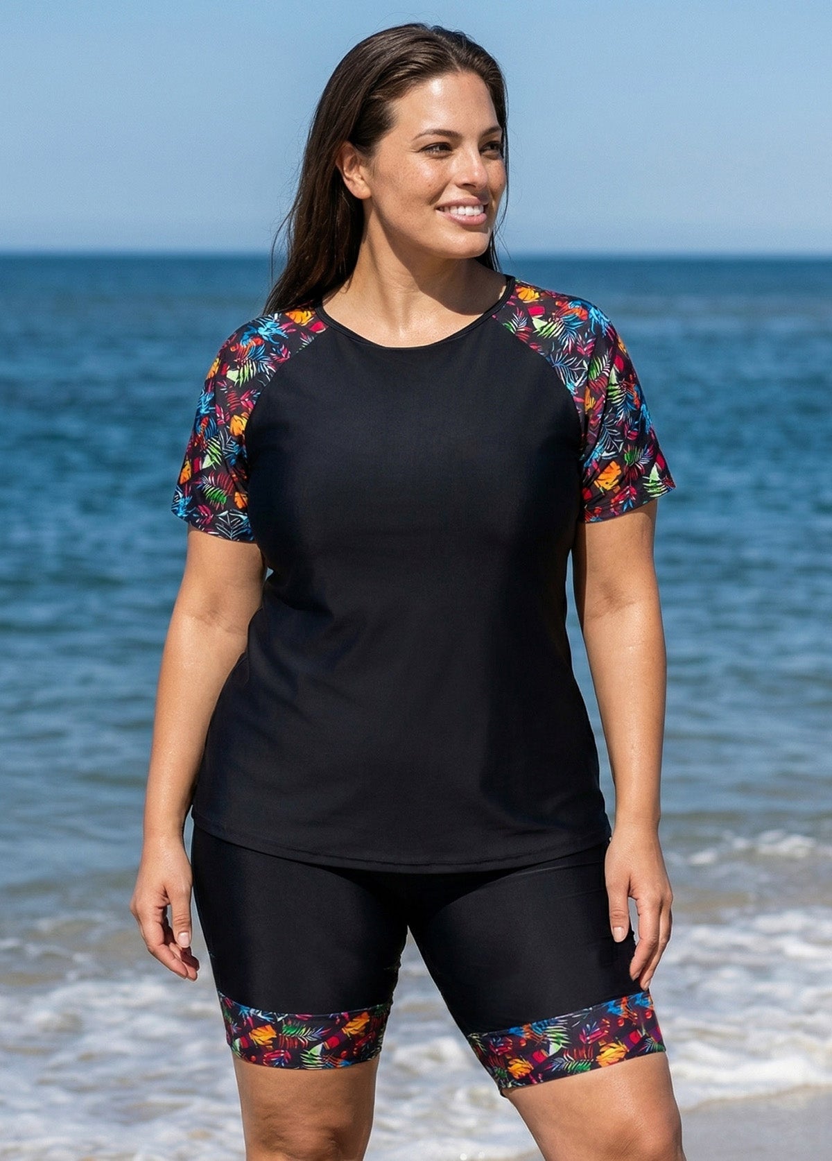 Black Plants Pullover Short Sleeve Modest Plus Size Fashion Casual Tankini Set