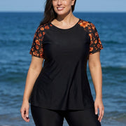 Red Tropical Floral Upf50+ Short Sleeves Plus Size Swimsuit Shirt Two Piece Tankini Set
