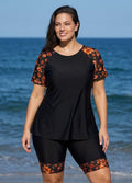 Red Tropical Floral Upf50+ Short Sleeves Plus Size Swimsuit Shirt Two Piece Tankini Set