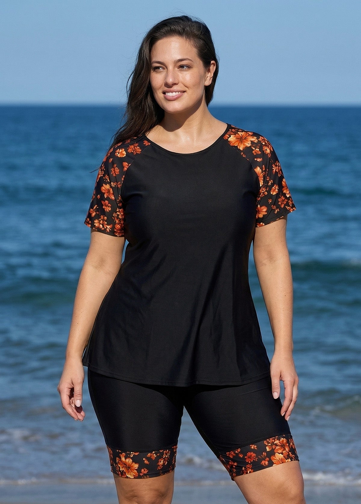 Red Tropical Floral Upf50+ Short Sleeves Plus Size Swimsuit Shirt Two Piece Tankini Set
