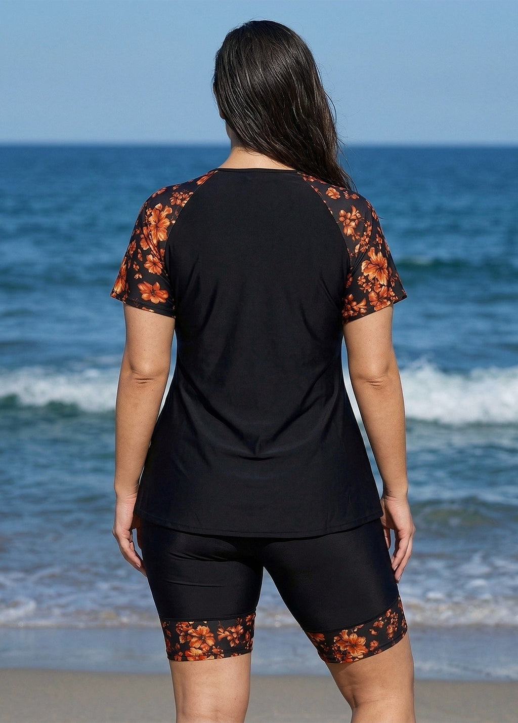 Red Tropical Floral Upf50+ Short Sleeves Plus Size Swimsuit Shirt Two Piece Tankini Set
