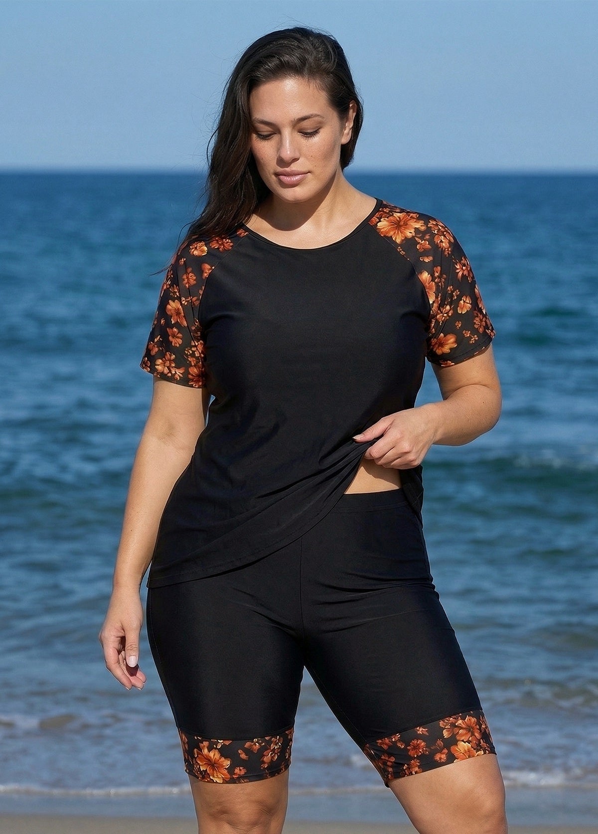 Red Tropical Floral Upf50+ Short Sleeves Plus Size Swimsuit Shirt Two Piece Tankini Set