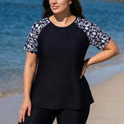 Plus Size Black Floral High Neck Upf50+ Short Sleeves Swimsuit Shirt Two Piece Tankini Set