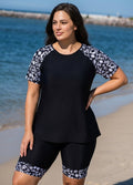 Plus Size Black Floral High Neck Upf50+ Short Sleeves Swimsuit Shirt Two Piece Tankini Set