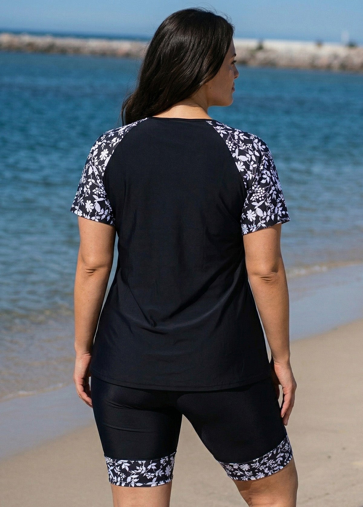 Plus Size Black Floral High Neck Upf50+ Short Sleeves Swimsuit Shirt Two Piece Tankini Set