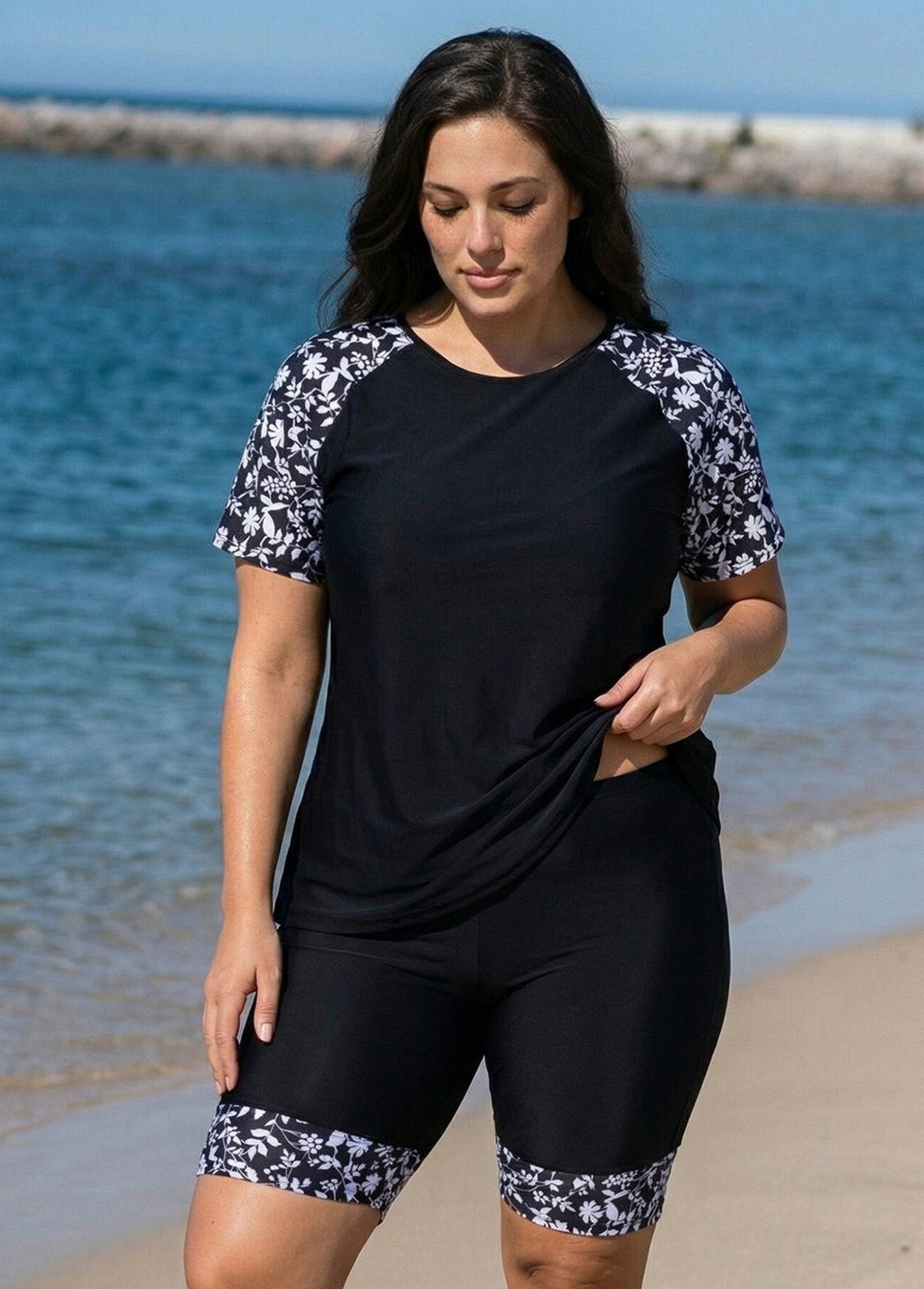 Plus Size Black Floral High Neck Upf50+ Short Sleeves Swimsuit Shirt Two Piece Tankini Set