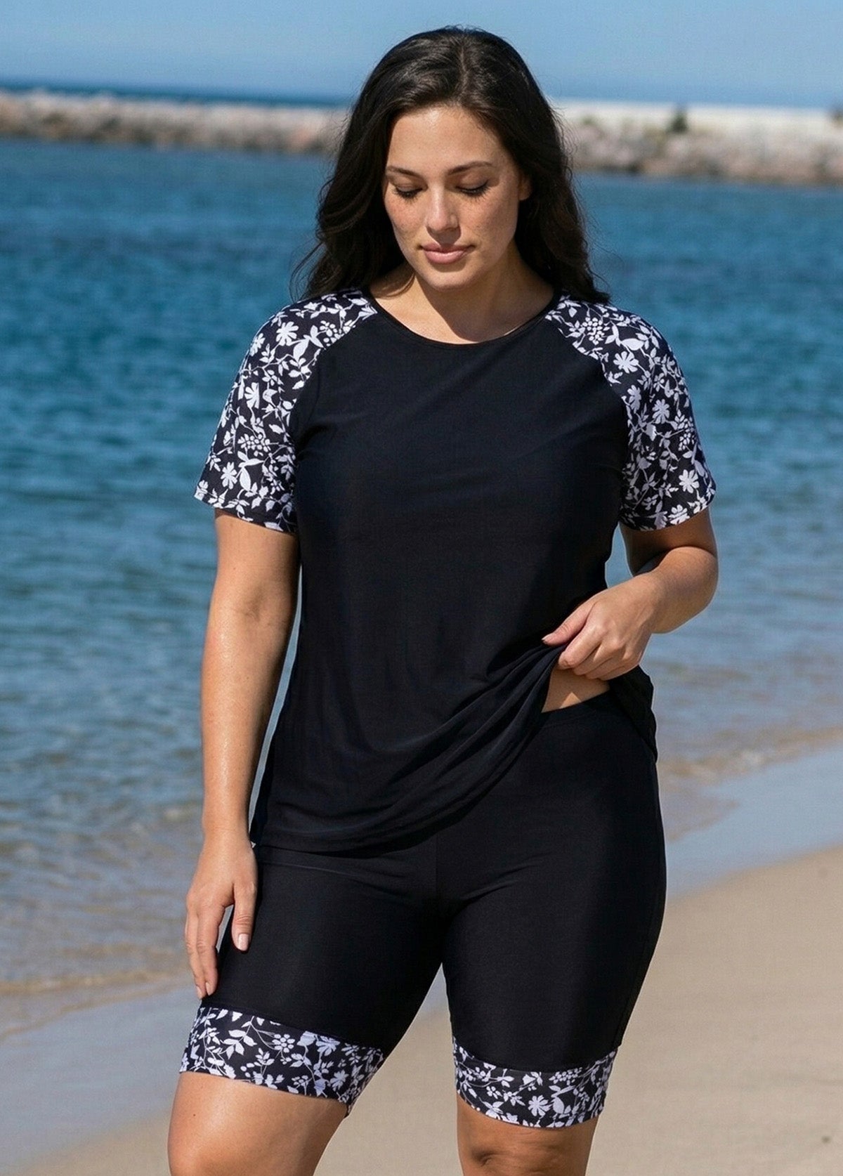 Plus Size Black Floral High Neck Upf50+ Short Sleeves Swimsuit Shirt Two Piece Tankini Set