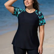 Black Plant High Neck Upf50+ Short Sleeves Curvy Women's Swimsuit Shirt Two Piece Tankini Set