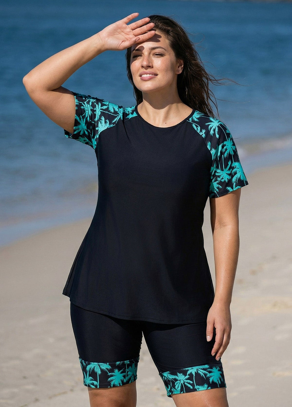 Black Plant High Neck Upf50+ Short Sleeves Curvy Women's Swimsuit Shirt Two Piece Tankini Set