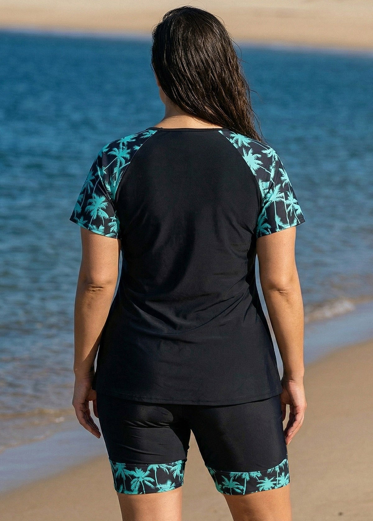 Black Plant High Neck Upf50+ Short Sleeves Curvy Women's Swimsuit Shirt Two Piece Tankini Set