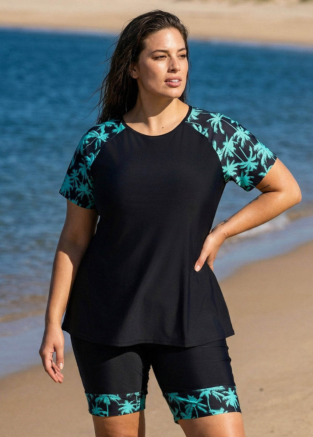 Black Plant High Neck Upf50+ Short Sleeves Curvy Women's Swimsuit Shirt Two Piece Tankini Set