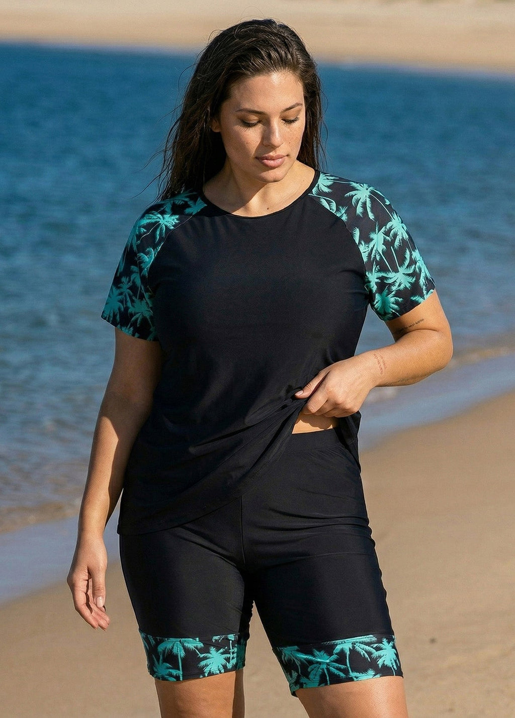 Black Plant High Neck Upf50+ Short Sleeves Curvy Women's Swimsuit Shirt Two Piece Tankini Set