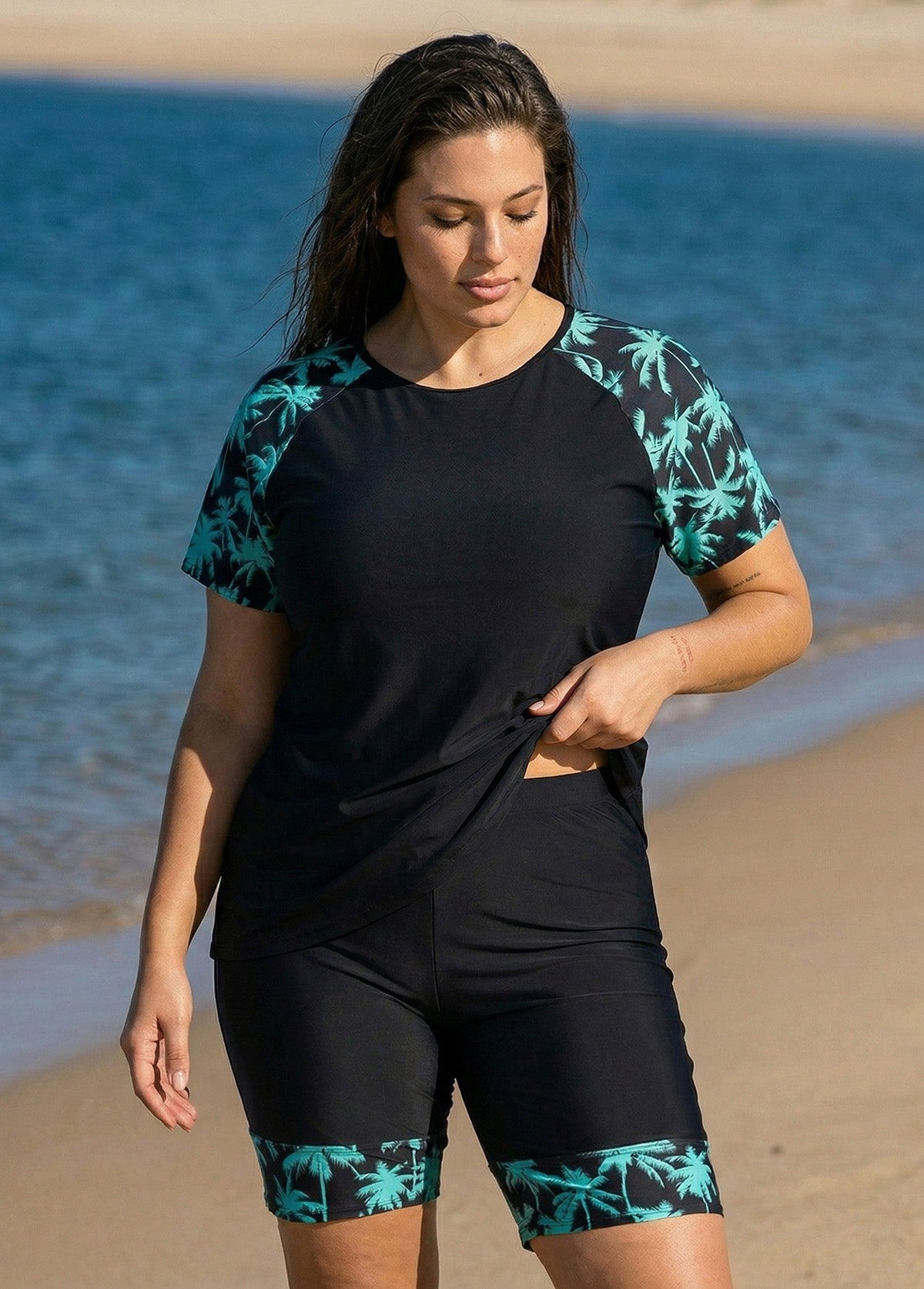 Black Plant High Neck Upf50+ Short Sleeves Curvy Women's Swimsuit Shirt Two Piece Tankini Set